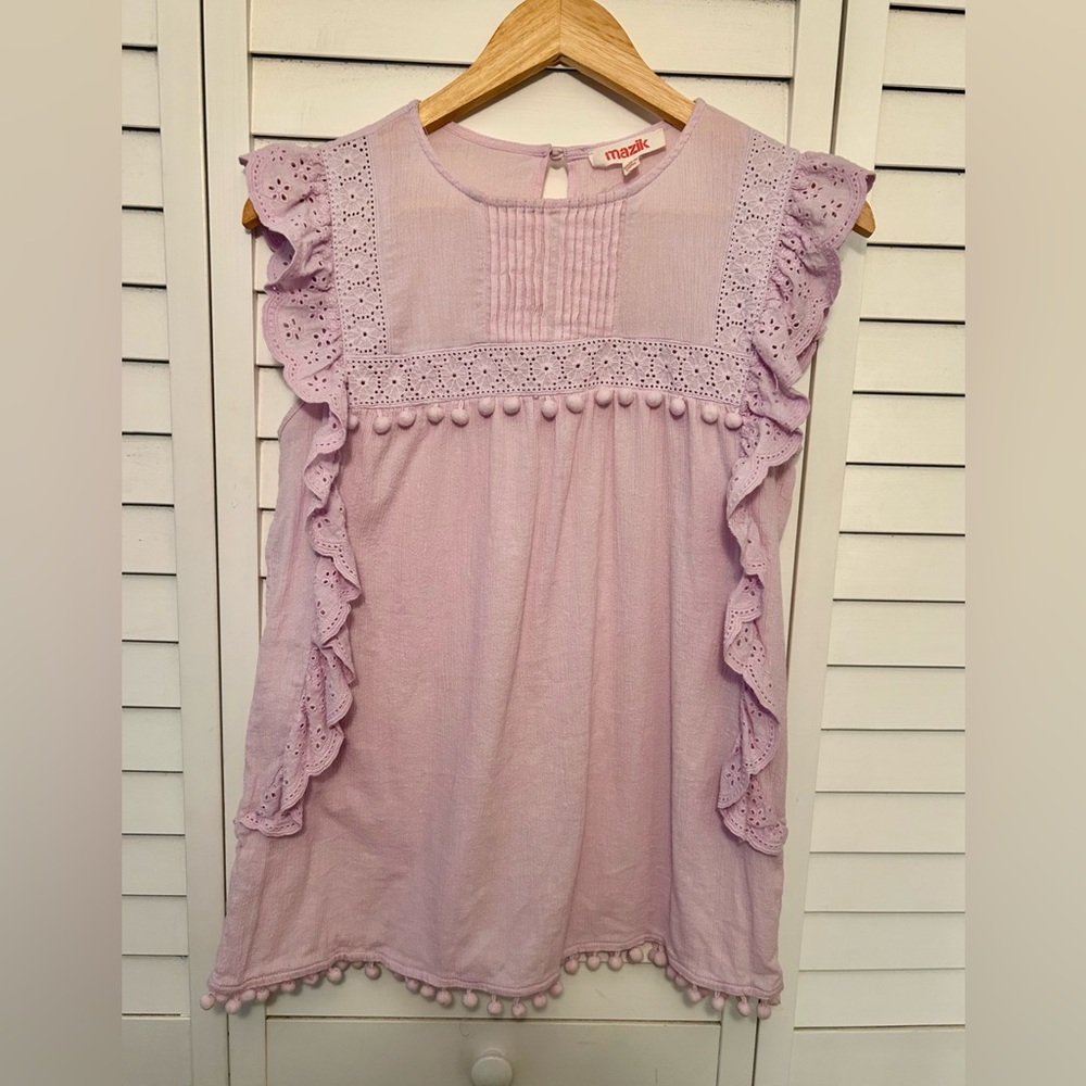 Mazik - Light Purple - Eyelet Ruffle Top with Pom-Pom Trim - Size M